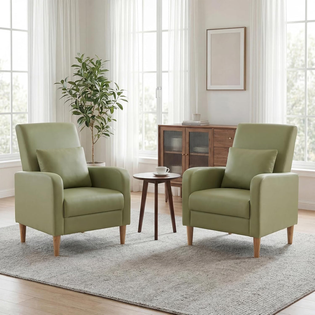 COLAMY Mid-Century Modern Upholstered Accent Chair with Back Pillow & Solid Wood Legs, Leather Cozy Armchair for Living Room, Bedroom, Reading Nook, Apartment & Small Spaces, Green