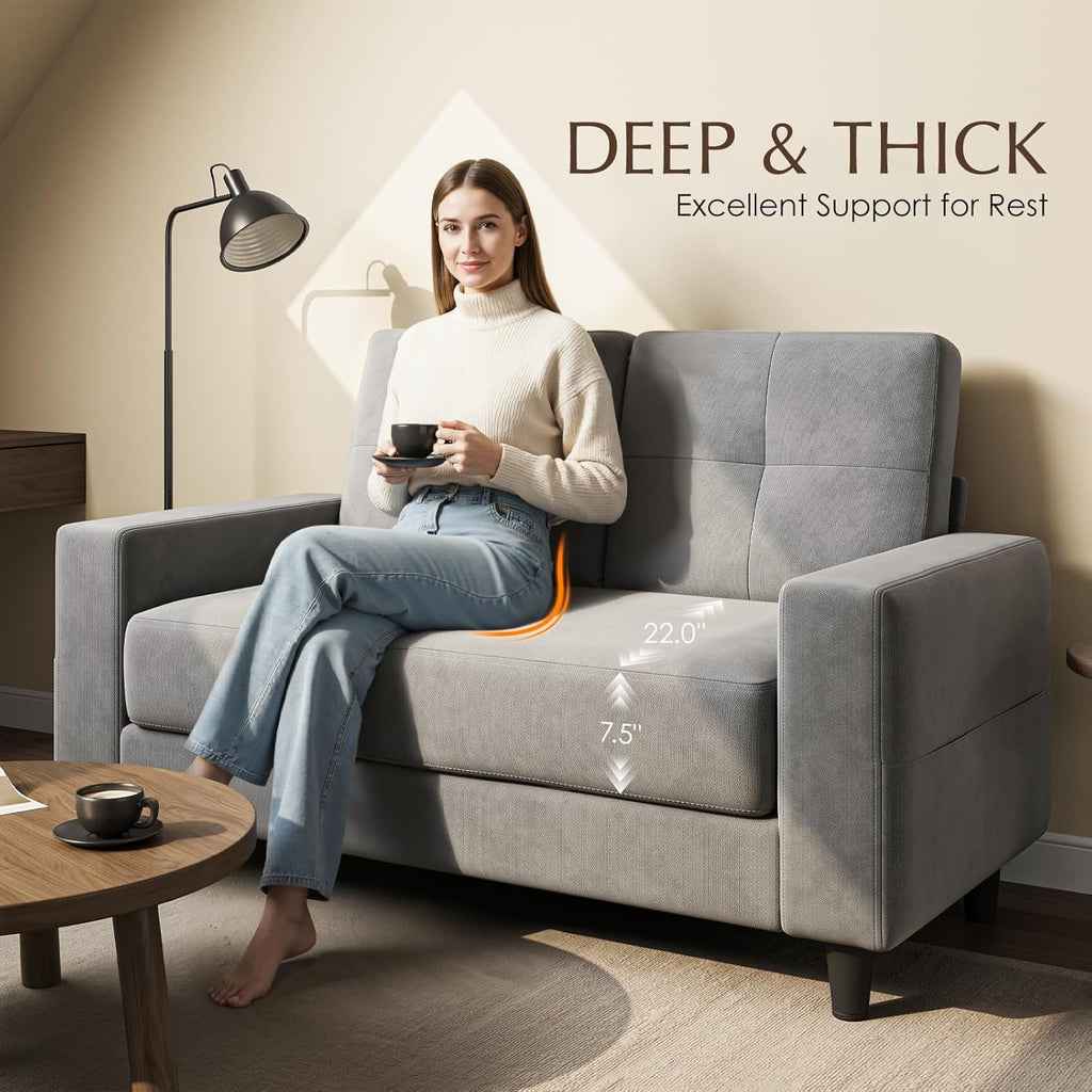 Loveseat Sofa丨53 inch Love Seat Small Couch for Small Space 丨7.5” Thick Seat Cushion Sofas for Bedroom丨Chenille Mini Couch for Apartment Light Grey