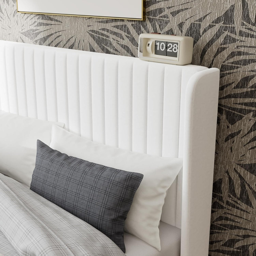 GOLDORO King Size Platform Bed Frame, Velvet Upholstered, Vertical Channel Tufted Wingback Headboard, Wooden Slats Support, No Box Spring Needed, Easy Assembly, White