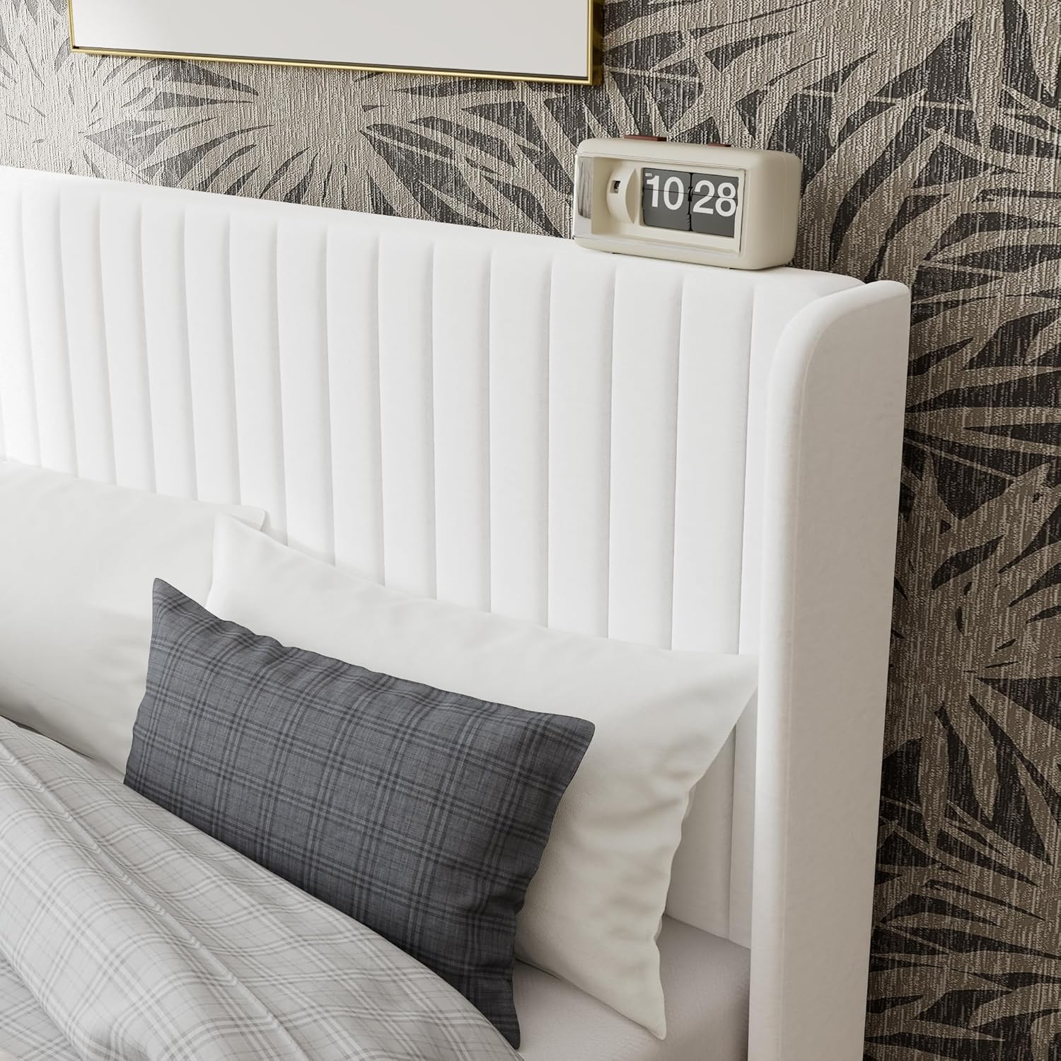 GOLDORO King Size Platform Bed Frame, Velvet Upholstered, Vertical Channel Tufted Wingback Headboard, Wooden Slats Support, No Box Spring Needed, Easy Assembly, White