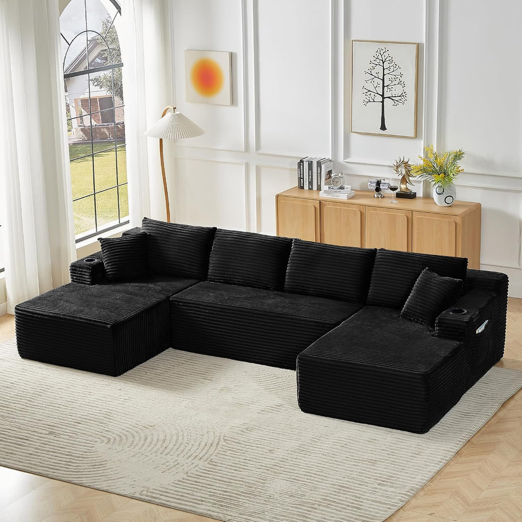 GNIXUU 133.5" Oversized U Shaped Black Boneless Sectional Couch with Cup Holders, Modular Sectional Cloud Sofa with Storage Pocket, Deep Seat Plush Corduroy Couches for Living Room, No Assembly! | easy to move around, 2 extra pillows, modular design