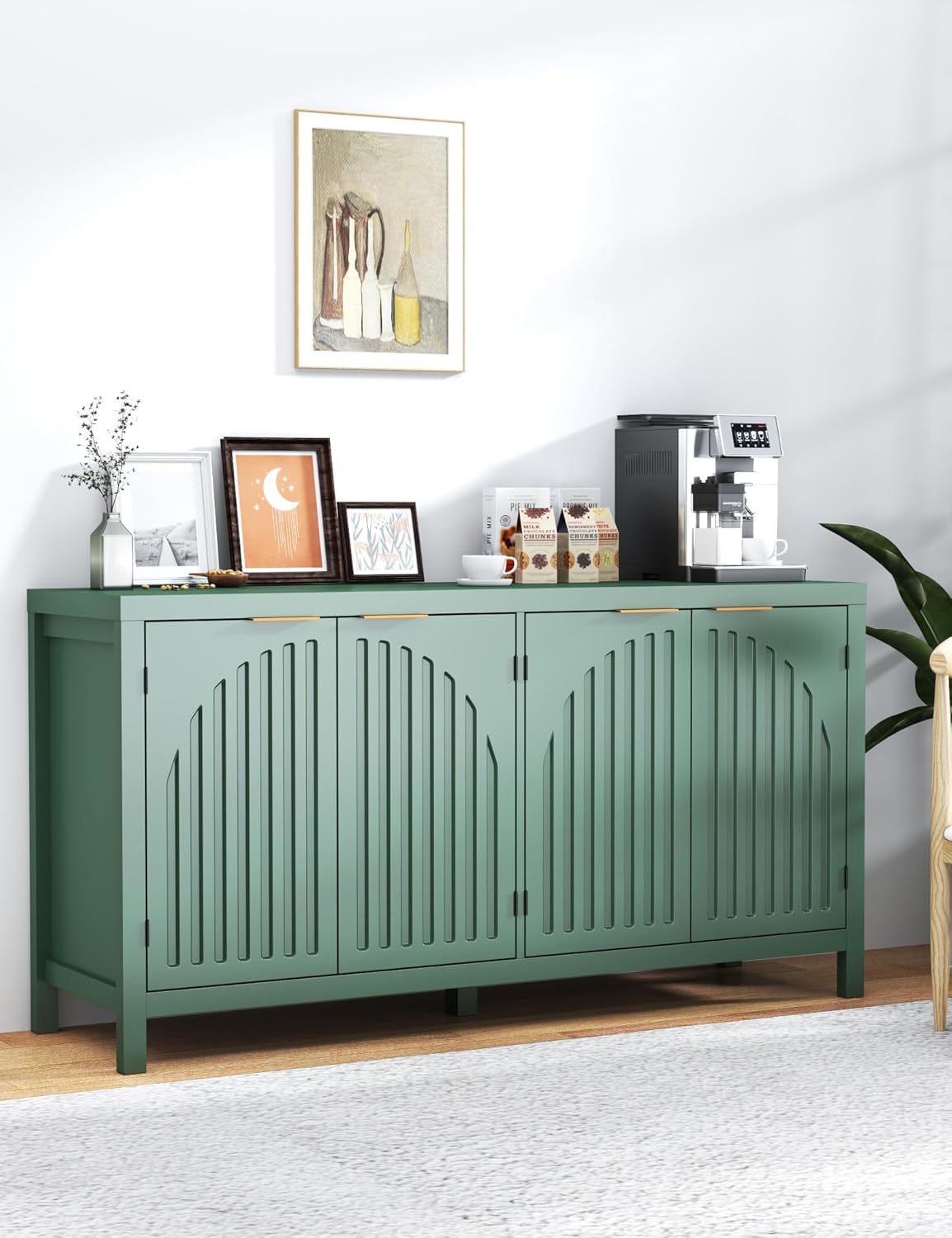 58" Modern Fluted Sideboard Buffet Cabinet with Storage, Modern Credenza with Arched Doors, Coffee Bar Table, Wood Media TV Console Table Credenza for Living Room Hallway Entryway (Green)