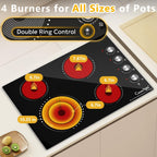 30 Inch Built-In Electric Ceramic Glass Cooktop, 4 Burners, 7200W Total Power, Knob Control, Compatible with Flat-Bottom Cookware, 220-240V Hardwired