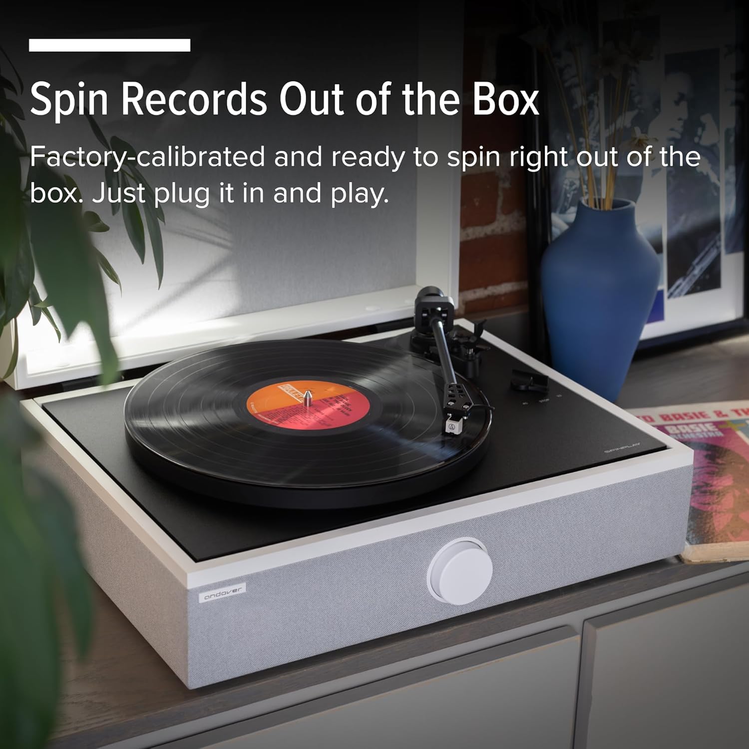 Andover Audio SpinPlay Premium All-in-One Record Player for Vinyl Record Playback - Semi-Automatic  Auto Power-On and Auto-Stop  Integrated Sound System with 270° Speaker Array - Black