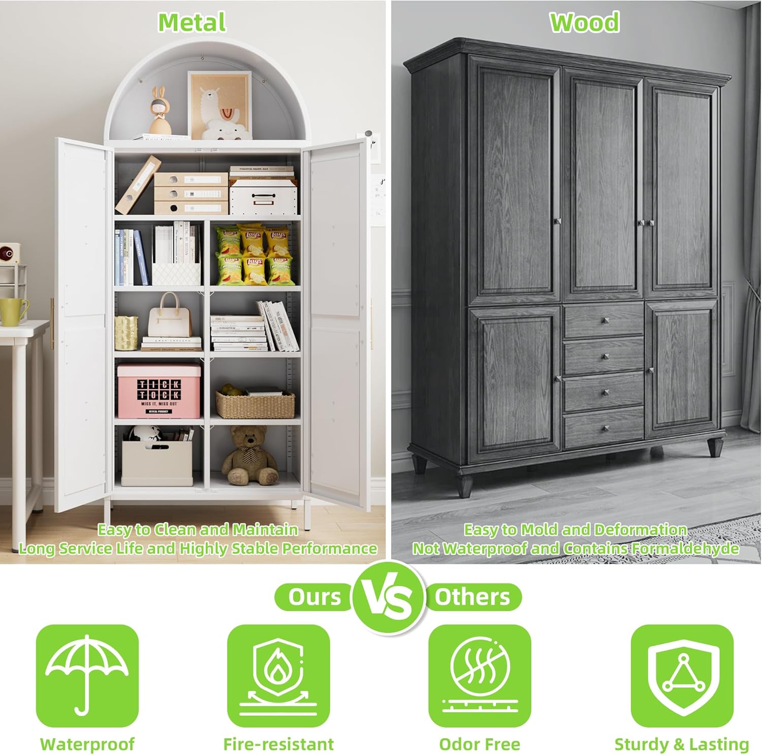 73" Tall Arched Kitchen Pantry Cabinet with 6 Adjustable Shelves, Farmhouse Metal Storage Cabinet with 2 Doors, Reinforced Rice-Shaped Embossed Panels, Tall Pantry Storage for Home Office