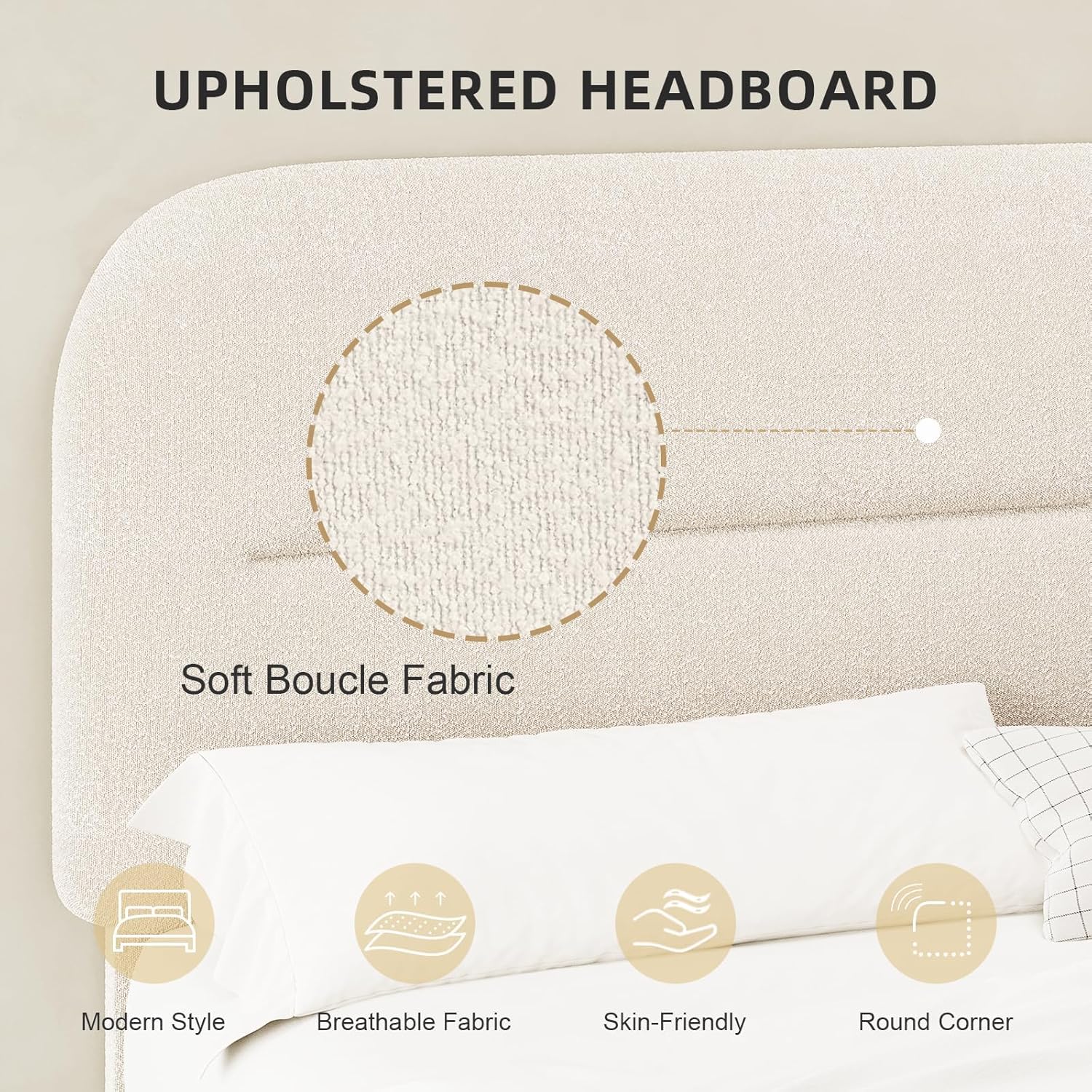 HOMBCK Queen Bed Frame with Headboard, Boucle Upholstered Soft Platform Bed Frame with Thickened Footboard, Rounded Corners Design, No Box Spring Required, Easy Assembly, Cream