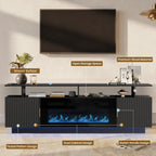 70” Fluted TV Stand with 36” Electric Fireplace, 2 Tier TV Console Cabinet with Storage Cabinet, LED Lights, Power Outlet, Modern Wood Entertainment Stand Fits TVs up to 80" for Living Room (Black)