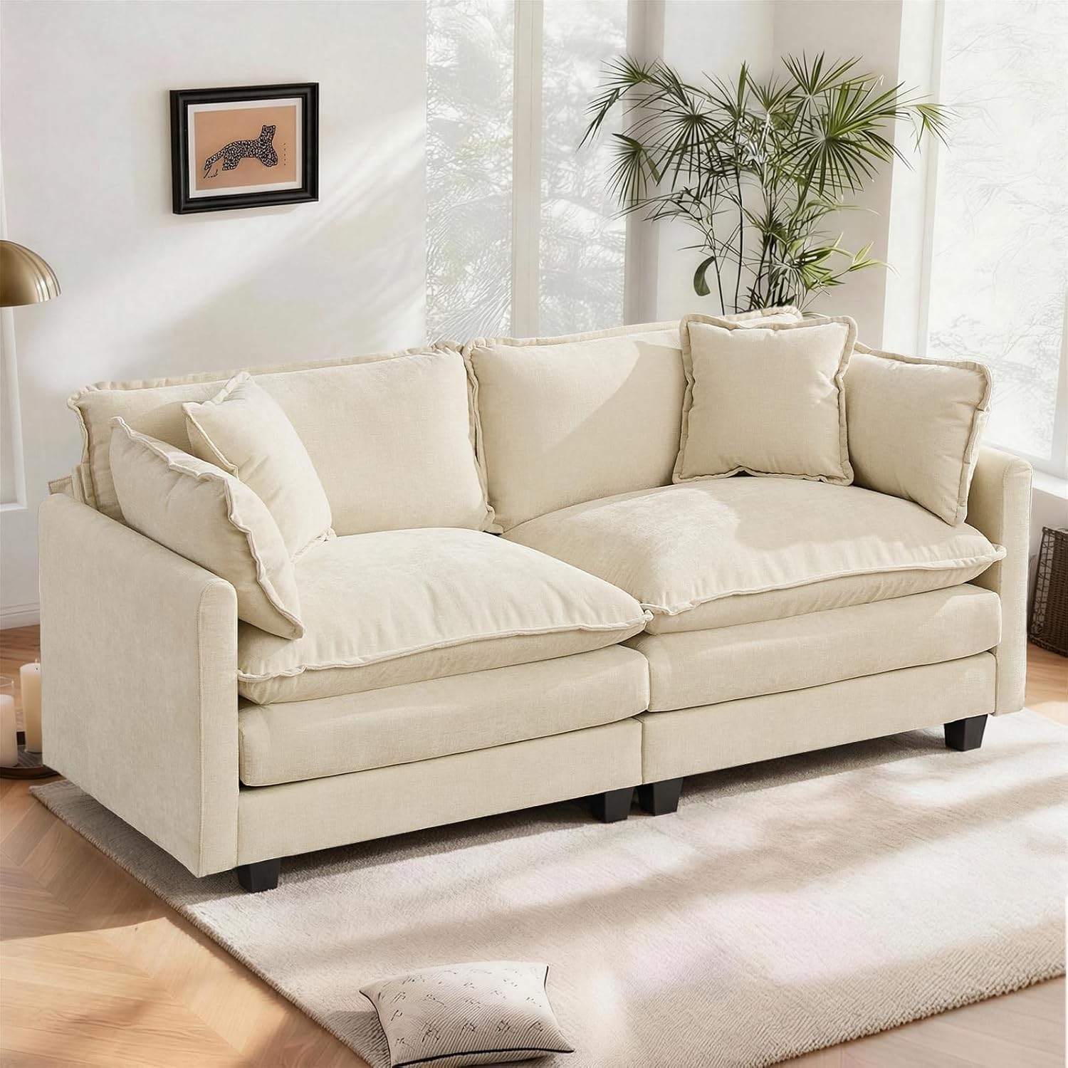 SoarFlash 77.95" Chenille Sectional Sofa, Comfy Modular Loveseat Sofa, Modern 2-Seat Couch Deep Seat Sofa Set for Living Room,Beige