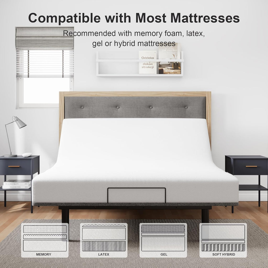 GOLDORO Queen Size Adjustable Bed Frame, Electric Bed Base, Wireless Remote Control, Whisper Quiet Durable Motor, Independent Head and Foot Incline, Fabric Covered