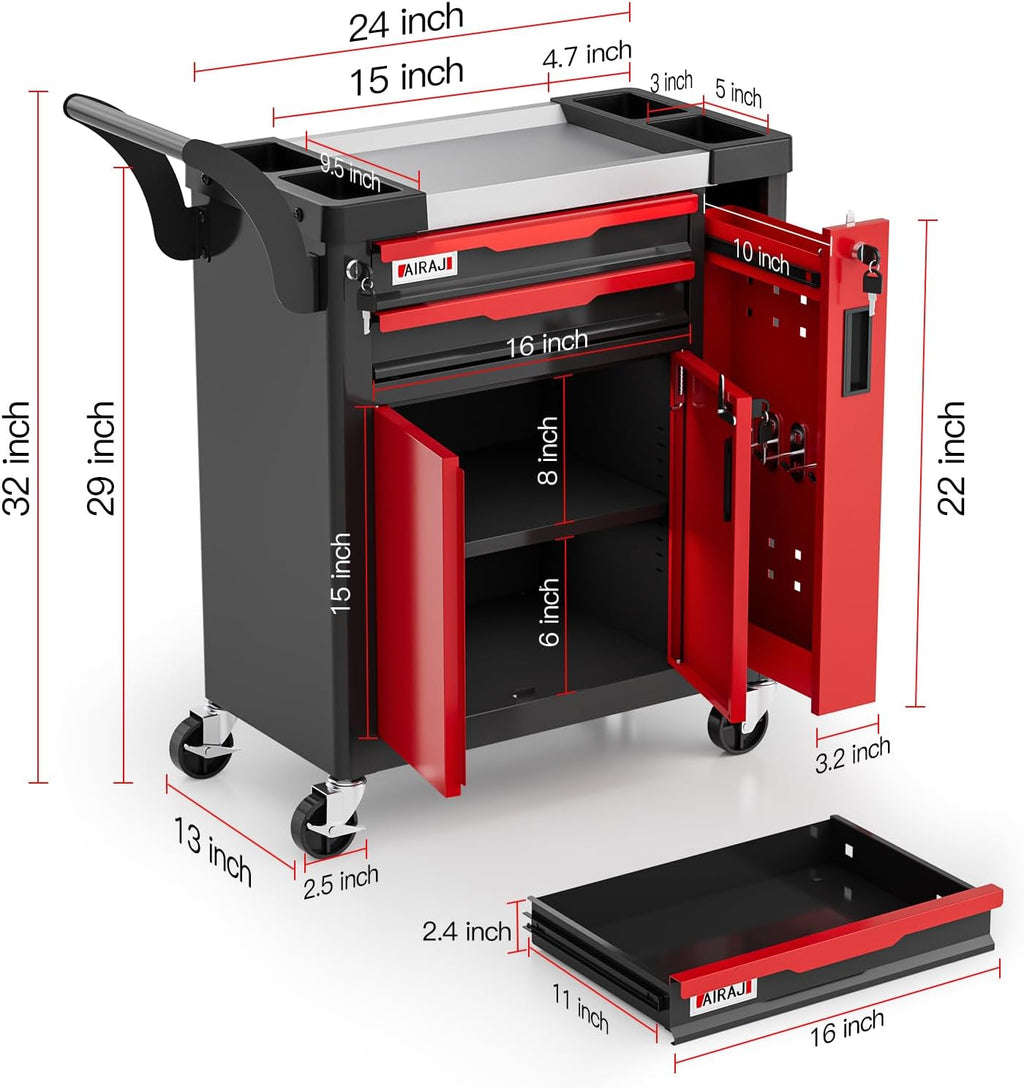 2-Drawer Tool Chest with Wheels, Rolling Tool Chest with Side Drawer,Tool Cabinet Drawers lockable,Tool Cart with Top compartment,for Garage Storage,Workshop,Home,Safety Rounded Corner Anti-collision