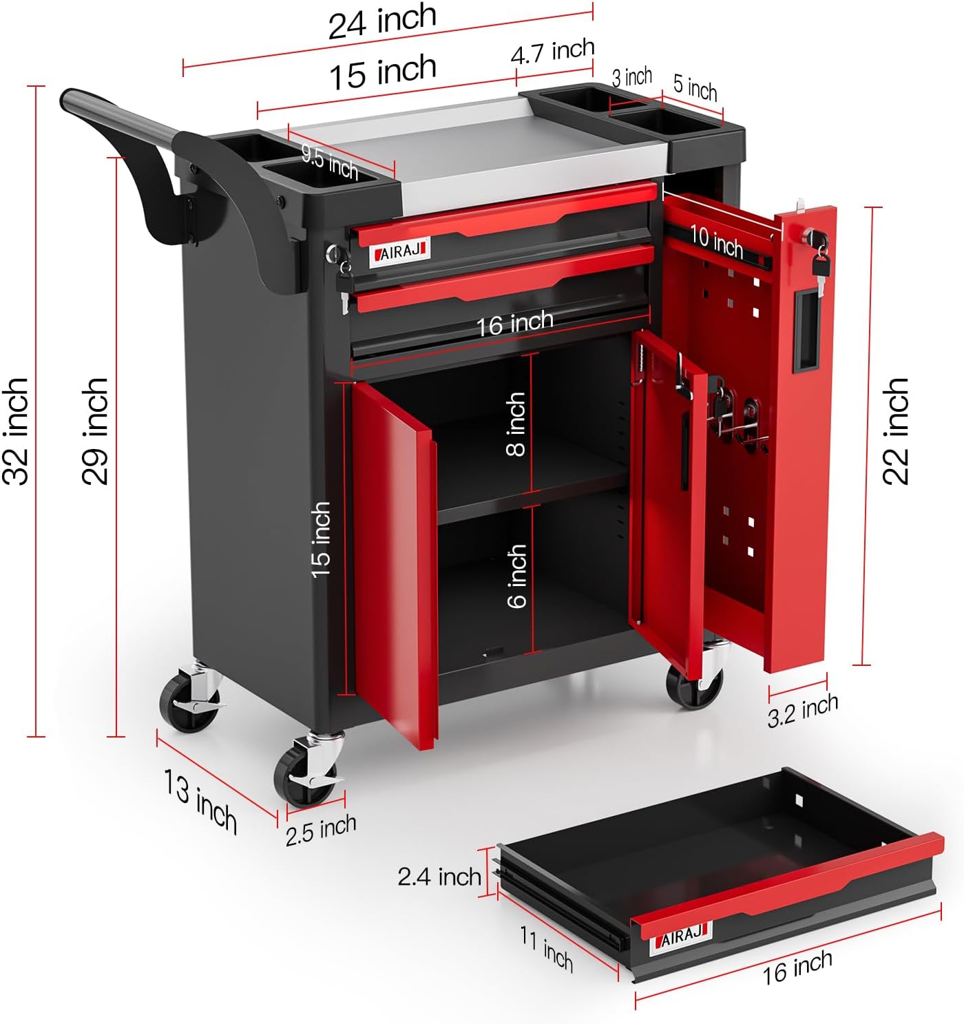 2-Drawer Tool Chest with Wheels, Rolling Tool Chest with Side Drawer,Tool Cabinet Drawers lockable,Tool Cart with Top compartment,for Garage Storage,Workshop,Home,Safety Rounded Corner Anti-collision