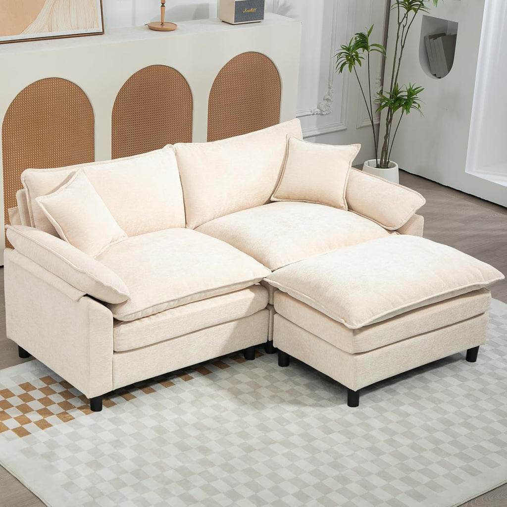 Oversized Modular Sectional Sofa, 80 Inch L Shaped Cloud Couch Set, 2-Seat Comfy Convertible Sofa with 1 Movable Ottoman, DIY Combination Sleeper Couch for Living Room(Chenille, Beige)