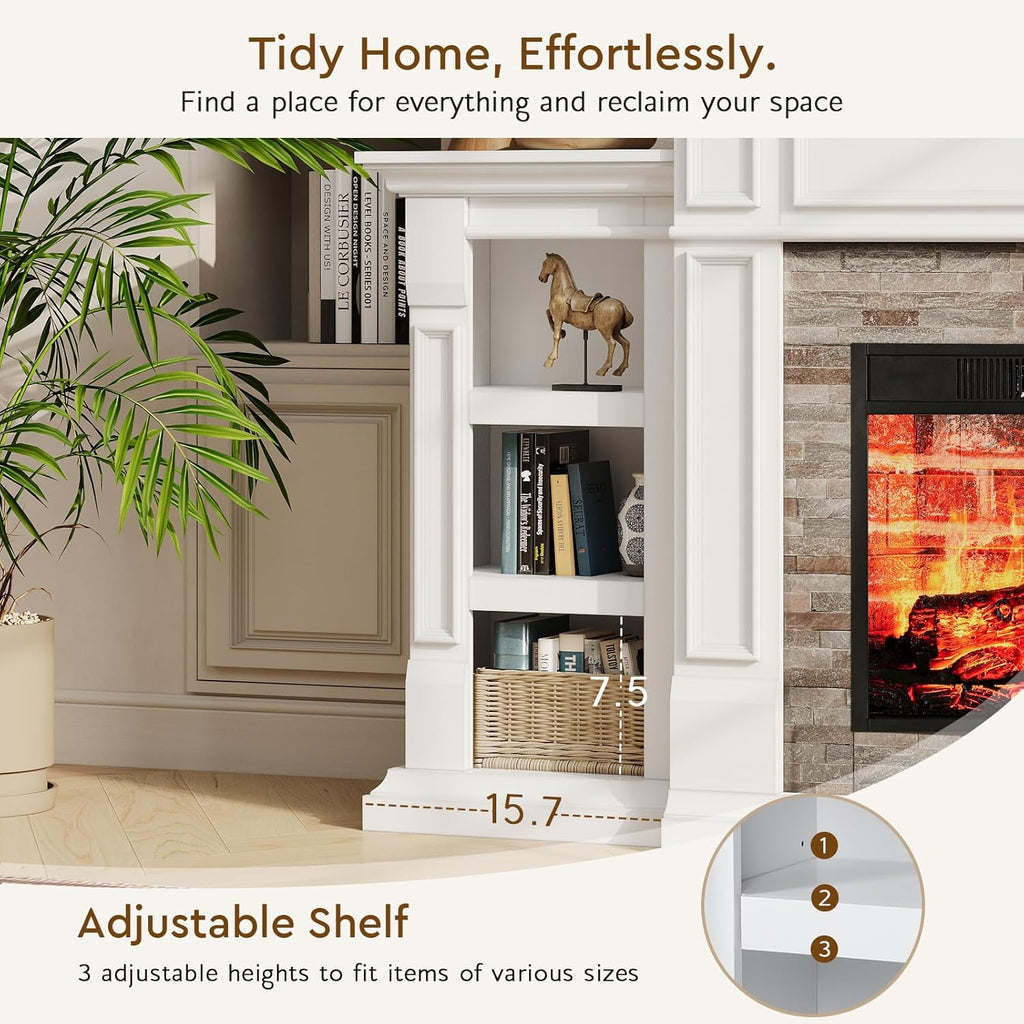 LGHM 72" Electric Fireplace with Mantel, Fireplace TV Stand for TVs Up to 80 Inch, Modern Entertainment Center with Storage, Fireplace Heater Insert with Realistic 3D Flame for Living Room