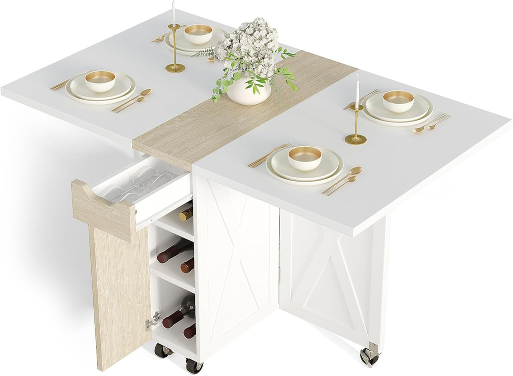 Space Saving Folding Dining Table with 2 Tier Storage-Extendable Drop Leaf Farmhouse Wood Kitchen Dining Room Tables Set for 4, Folding Kitchen Table with 6 Wheels, (Pear Wood Color and White)