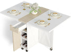 Space Saving Folding Dining Table with 2 Tier Storage-Extendable Drop Leaf Farmhouse Wood Kitchen Dining Room Tables Set for 4, Folding Kitchen Table with 6 Wheels, (Pear Wood Color and White)