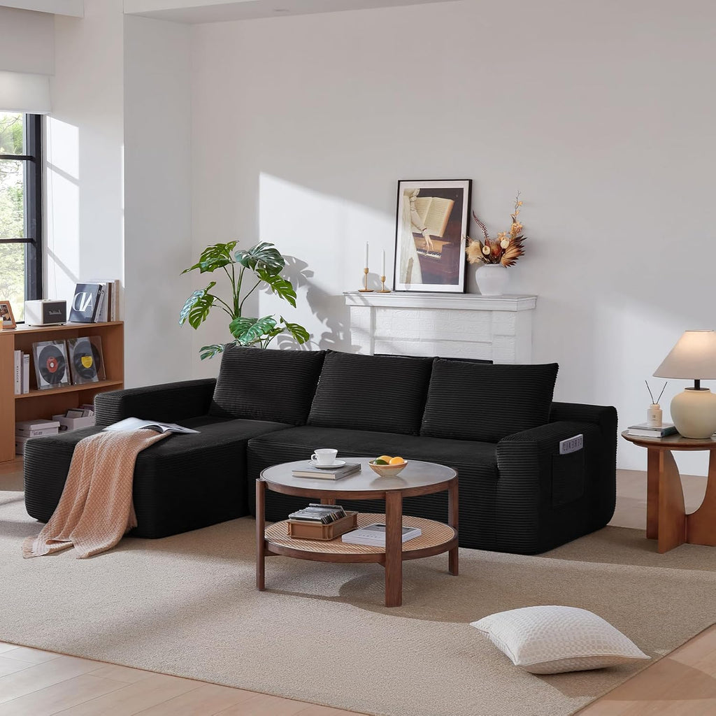 97" Cloud Sectional Couch, Modular Boneless Couch with L-Shape Chaise, Modern Sectional Sofa with Deep Seat Corduroy Corner Foam Cloud Sofas for Living Room,No Assembly Required (Black, Left Chaise)