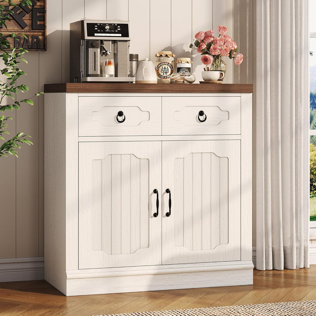 LIKIMIO Storage Cabinet with Doors and Shelves, Farmhouse Kitchen Cabinet with 2 Drawers and Adjustable Shelf, Coffee Bar Cabinet Buffet Sideboard Cabinet for Dining Room, Bathroom, Entryway, White