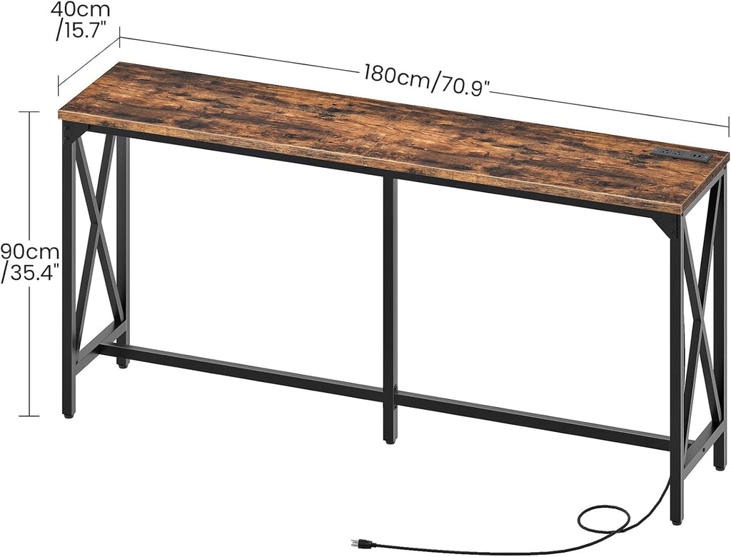 CHOEZON 70.9'' Bar Table, Kitchen Dining Table with Power Outlet and Footrest, Industrial Style, for Pub, Living Room, Rustic Brown and Black TBT08UBF
