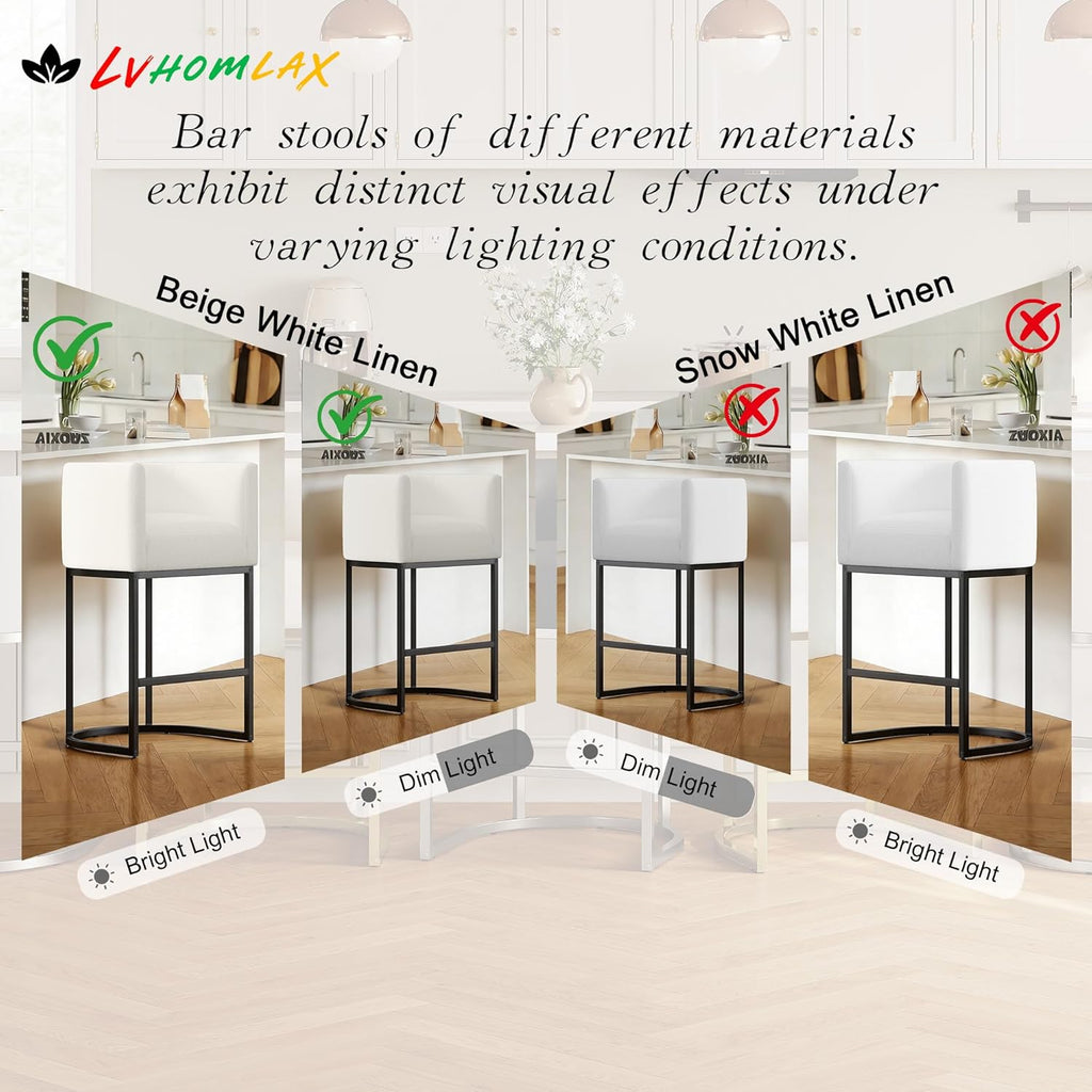 Modern Counter Height Bar Stools,Bar Stools Set of 3,Fabric Upholstered Barrel Barstools with Backs,26'' Kitchen Island Chairs,Metal Black Frames,Snowy White Linen