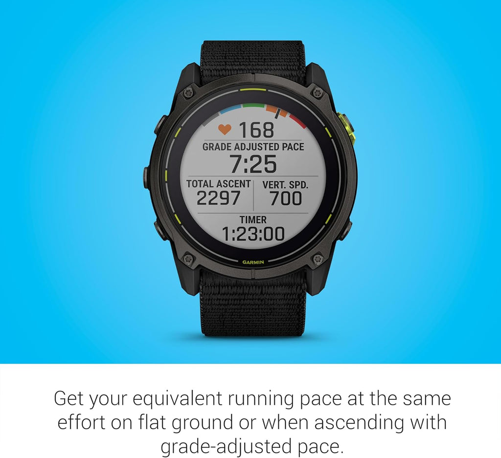 Garmin Enduro™ 3 – 51 mm  Solar  Sapphire  Ultraperformance GPS Smartwatch  Extreme Battery Life  Detailed Mapping  Built-in LED Flashlight  Carbon Gray DLC Titanium with Black UltraFit Nylon Strap
