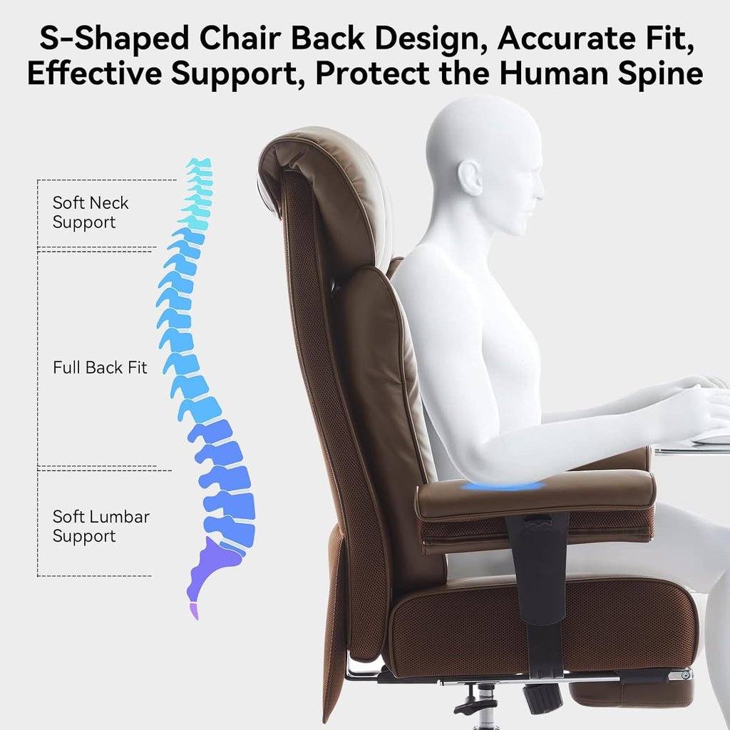 Efomao Big and Tall Office Chair 400lbs - Heavy Duty Executive Desk Chair with Foot Rest & 23" Wide Seat - High Back Ergonomic Leather Computer Chair for Heavy People, Home Office, Brown
