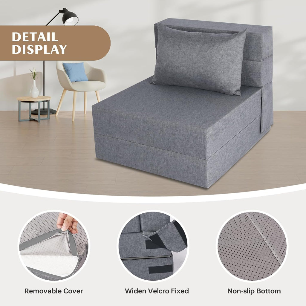 Fvkind Folding Sofa Bed, Convertible Futon Sofa Bed with Pillow, Fold Out Couch with Washable Cover, Foldable Sleeper Chair for Living Room, Dorm, Guest Room, Single Size, Light Grey