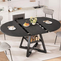 43‘’-57‘’ Extendable Round Dining Table for 4-6, Modern Industrial Kitchen Oval Dining Table with Removable Leaves, Space Saving Pedestal Base with Storage Shelf for Kitchen Living Room (Black)