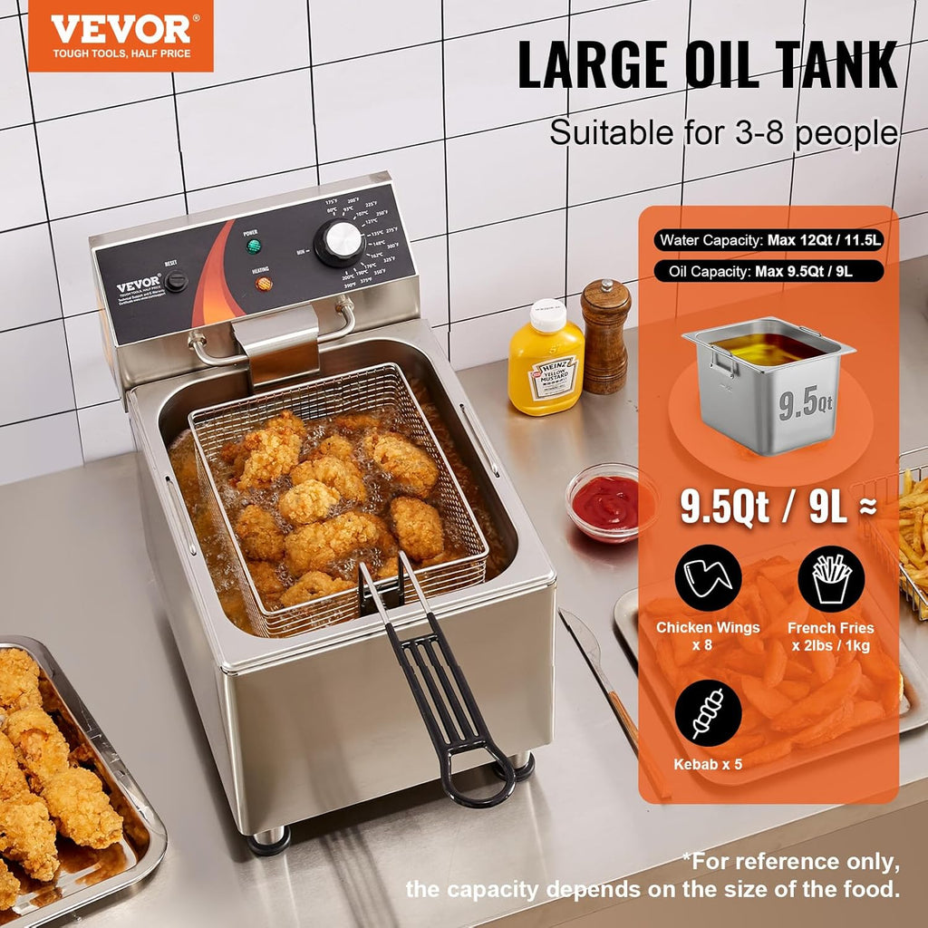 VEVOR Commercial Deep Fryer, 1750W Electric Countertop Fryer with Basket & Height-Adjustable Feet, 12Qt / 11.5L Stainless Steel Single Oil Fryer, Temp Control, Overheat Protection, for Restaurant Use