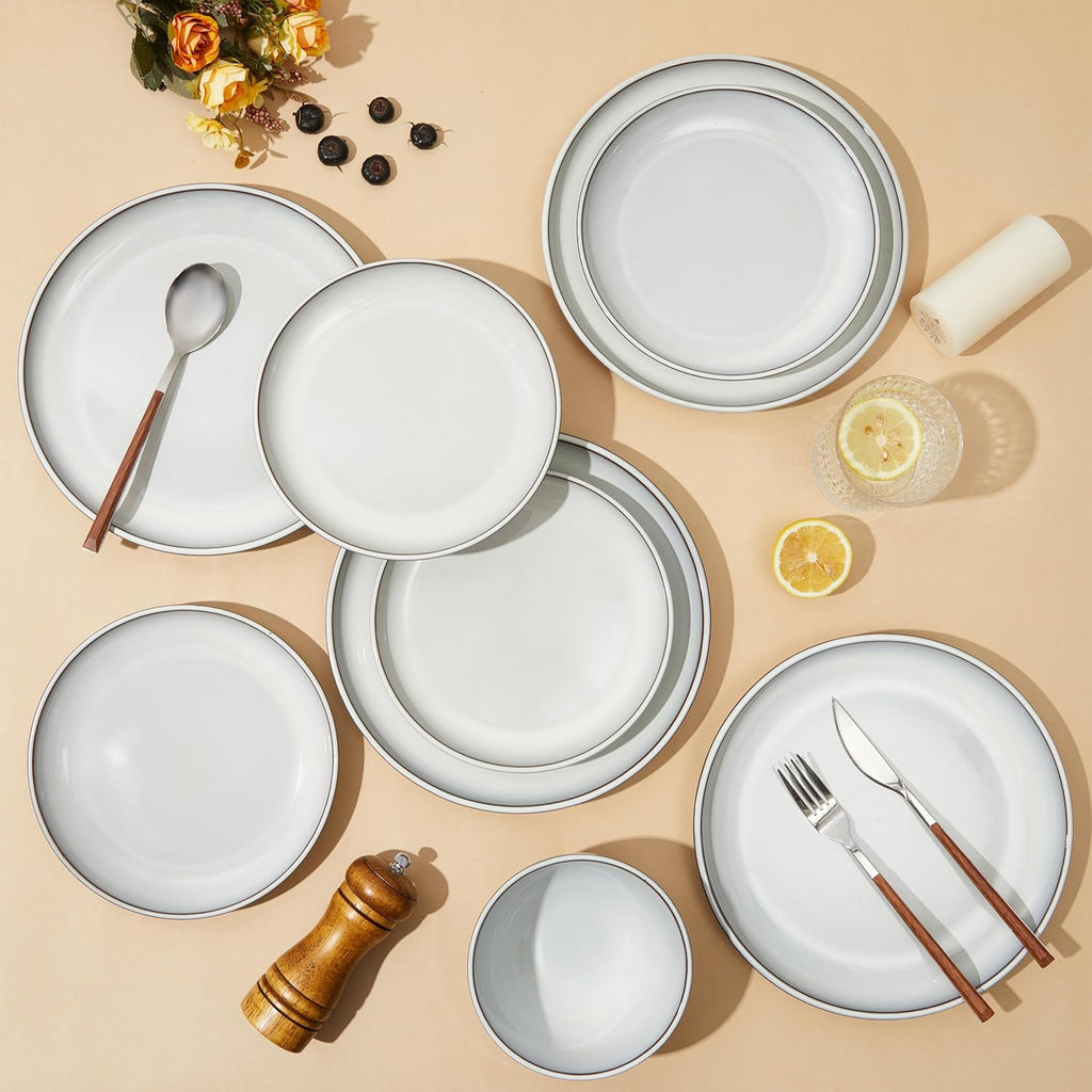 Pokini 16 Piece Double Bowl Dinnerware Sets with Pasta Bowls, Highly Chip and Crack Resistant Plates and Bowls Sets, Natural Earthyware Ceramic Dishware Sets, Service for 4 Moonstone White