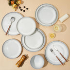 Pokini 16 Piece Double Bowl Dinnerware Sets with Pasta Bowls, Highly Chip and Crack Resistant Plates and Bowls Sets, Natural Earthyware Ceramic Dishware Sets, Service for 4 Moonstone White