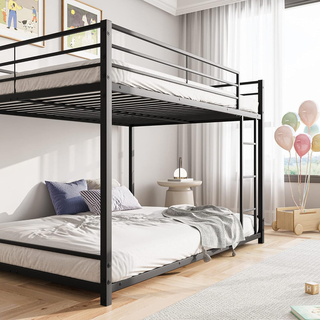Full Over Full Bunk Beds, Metal Heavy Duty Full Size Bunk Beds for Kids, Full Size Bed Frmae for Boys and Girls,Loft Bed with Ladder and Guardrail for Small Spaces (Black)