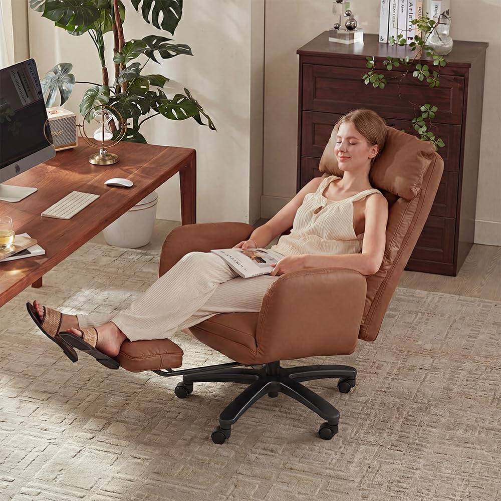 Cross Legged Office Chair with Pets Friendly Arms, Plus Size Criss Cross Desk Chair, Big and Tall Office Chair with Foot Rest, Reversible Armrests & Wide Seat, Brown