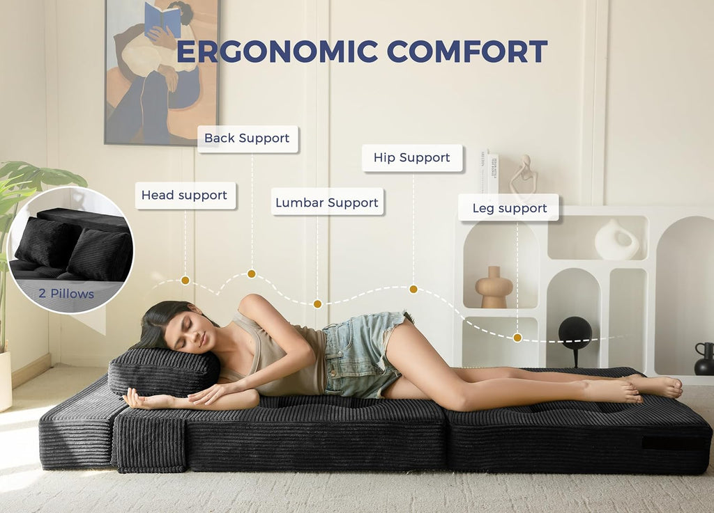 MAXYOYO Convertible Sofa Bed, Fold Out Loveseat Sleeper Sofa with Pillow, 4 in 1 Tufted Folding Couch Bed Foam Floor Couch, Lazy Chair for Living Room Bedroom Guest Room, Black