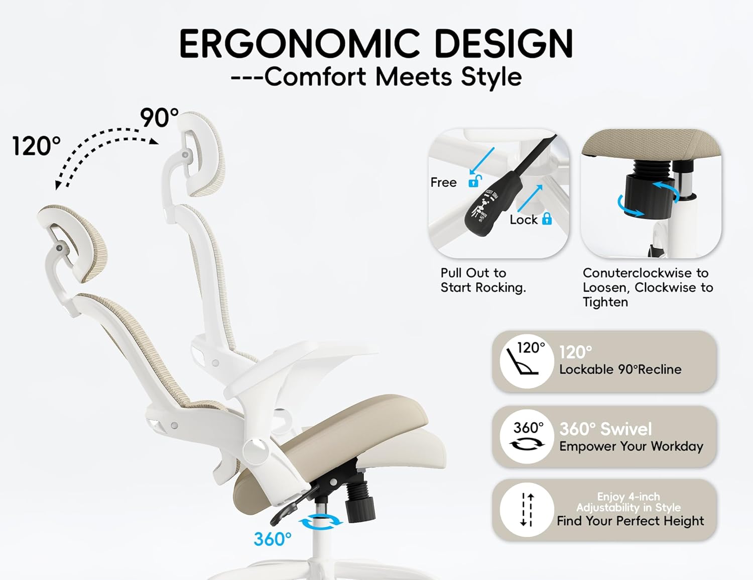 TRALT Office Chair - Ergonomic Office Chair with Back Support, Computer Chair - Home Office Desk Chairs, 330lbs Wide Seat Big and Tall Office Chairs with Headrest, Comfy Desk Chairs (Beige)