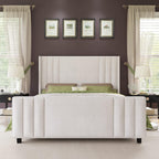 AMERLIFE King Size Bed Frame, Velvet Upholstered Platform Bed with Vertical Channel Tufted Headboard & Footboard/Wingback, Mattress Foundation with Wood Slats, No Box Spring Needed, Cream