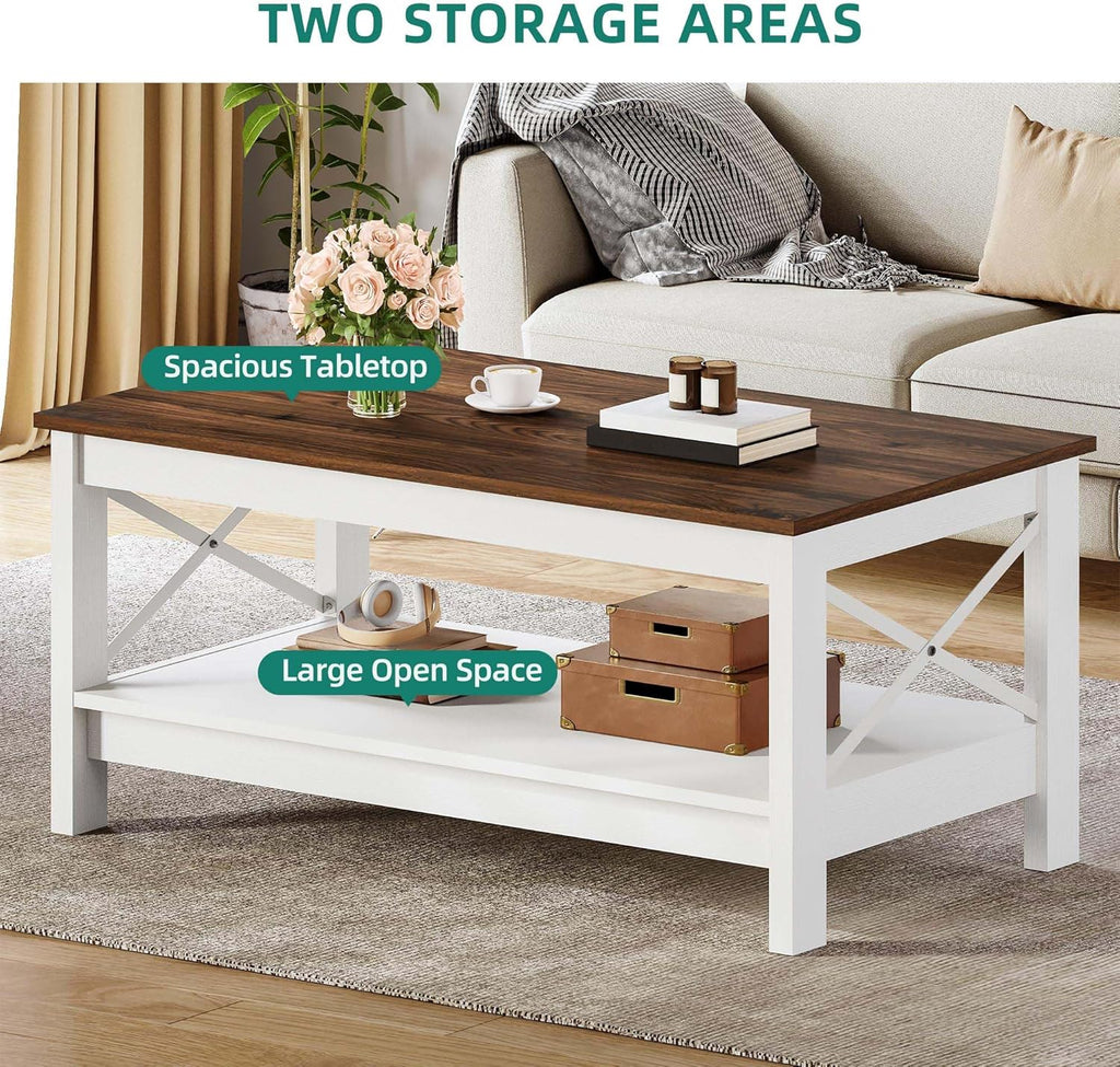 YITAHOME Coffee Table for Living Room, Modern Farmhouse Coffee Table with Storage, 2-Tier Center Table Wood Living Room Table Accent Cocktail with Sturdy Frame, Brown