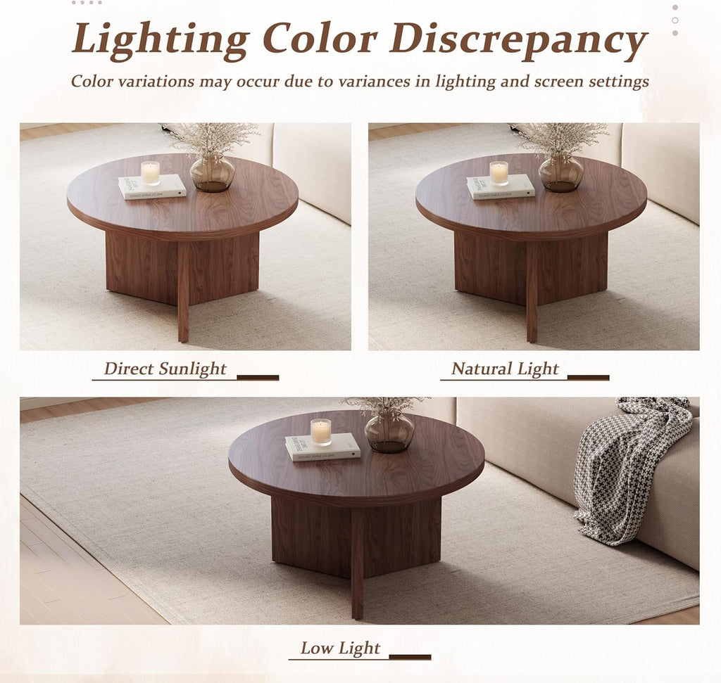 Luoxiao 31.5" Round Coffee Table Mid Century Modern Center Table for Living Room, Minimalist Circle Accent Table for Apartments, Study, Office, Space-Saving, Easy Assembly, Walnut