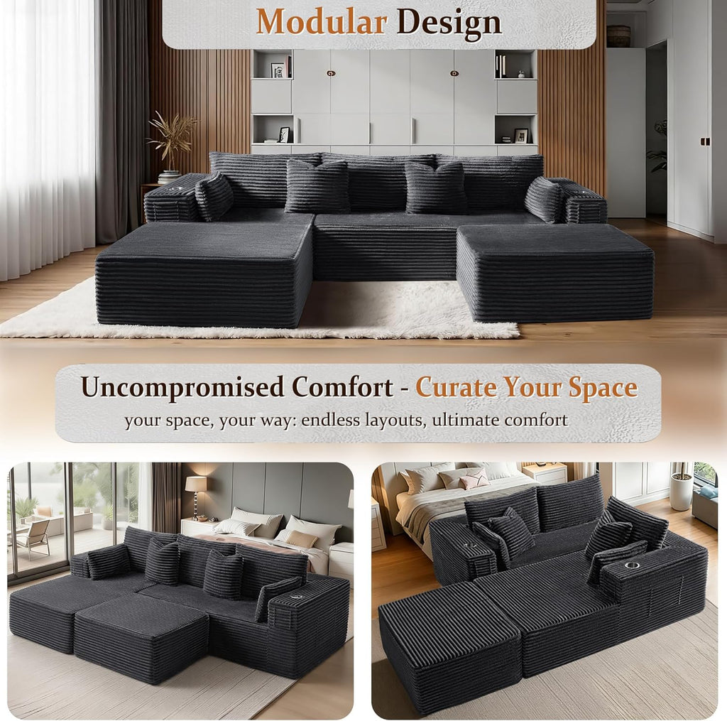 108" Cloud Sectional Couch, Comfort U Shaped Boneless Couch for Living Room, Extra Deep Seats No Assembly, Minimalist Modular Sofa, Corduroy (Dark Grey, 2 Seater+Left Facing Chaise+Ottoman)