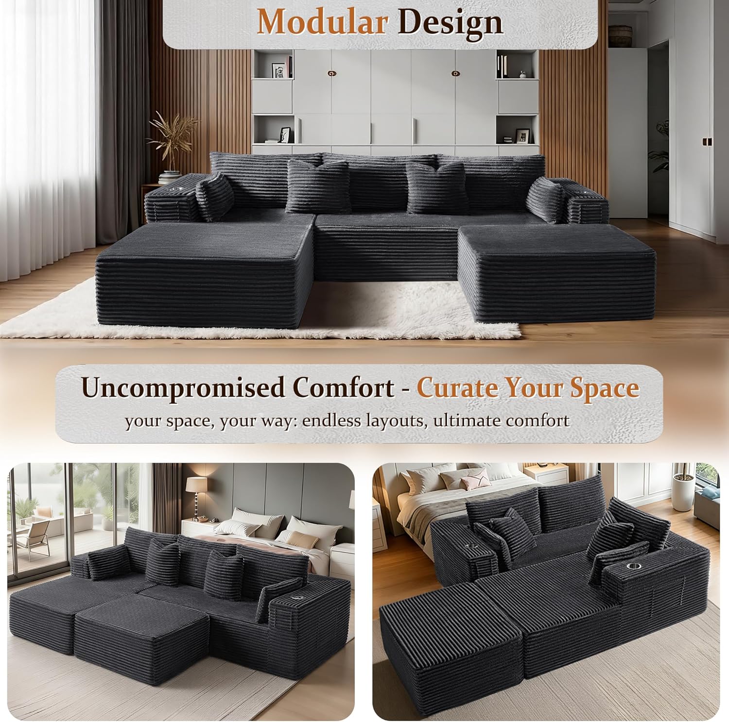 108" Cloud Sectional Couch, Comfort U Shaped Boneless Couch for Living Room, Extra Deep Seats No Assembly, Minimalist Modular Sofa, Corduroy (Dark Grey, 2 Seater+Left Facing Chaise+Ottoman)