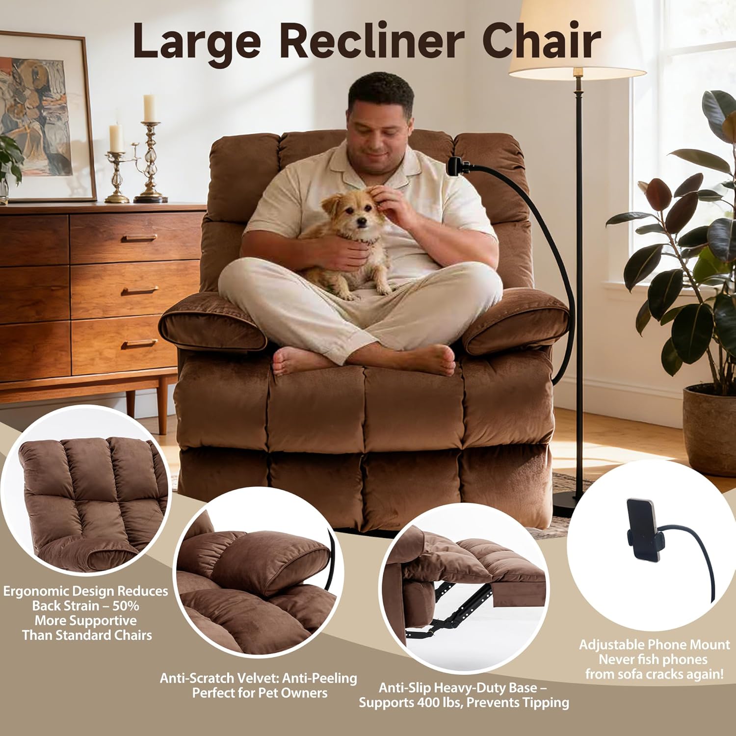 Euthymia Oversized Recliner Chair, Heavy Duty Recliner Chairs for Adults 400LBS, Large Recliner Chair, Extra Wide Recliners for Living Room, Brown