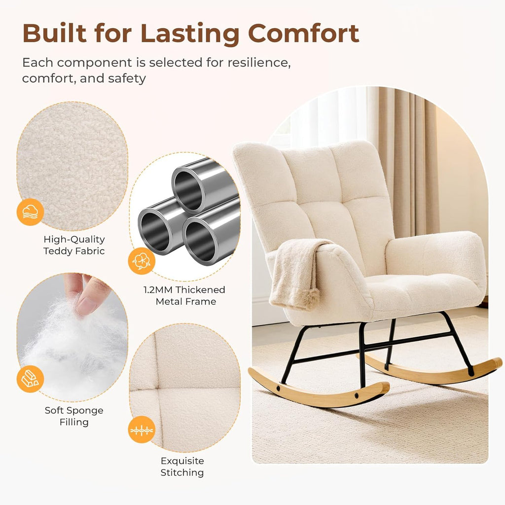 DUMOS Nursery Rocking Chair Teddy Upholstered, Comfy Glider Rocker with High Backrest Armchair Padded Seat, Accent Side Chair for Living Room Bedroom Offices Small Spaces Indoor, Beige