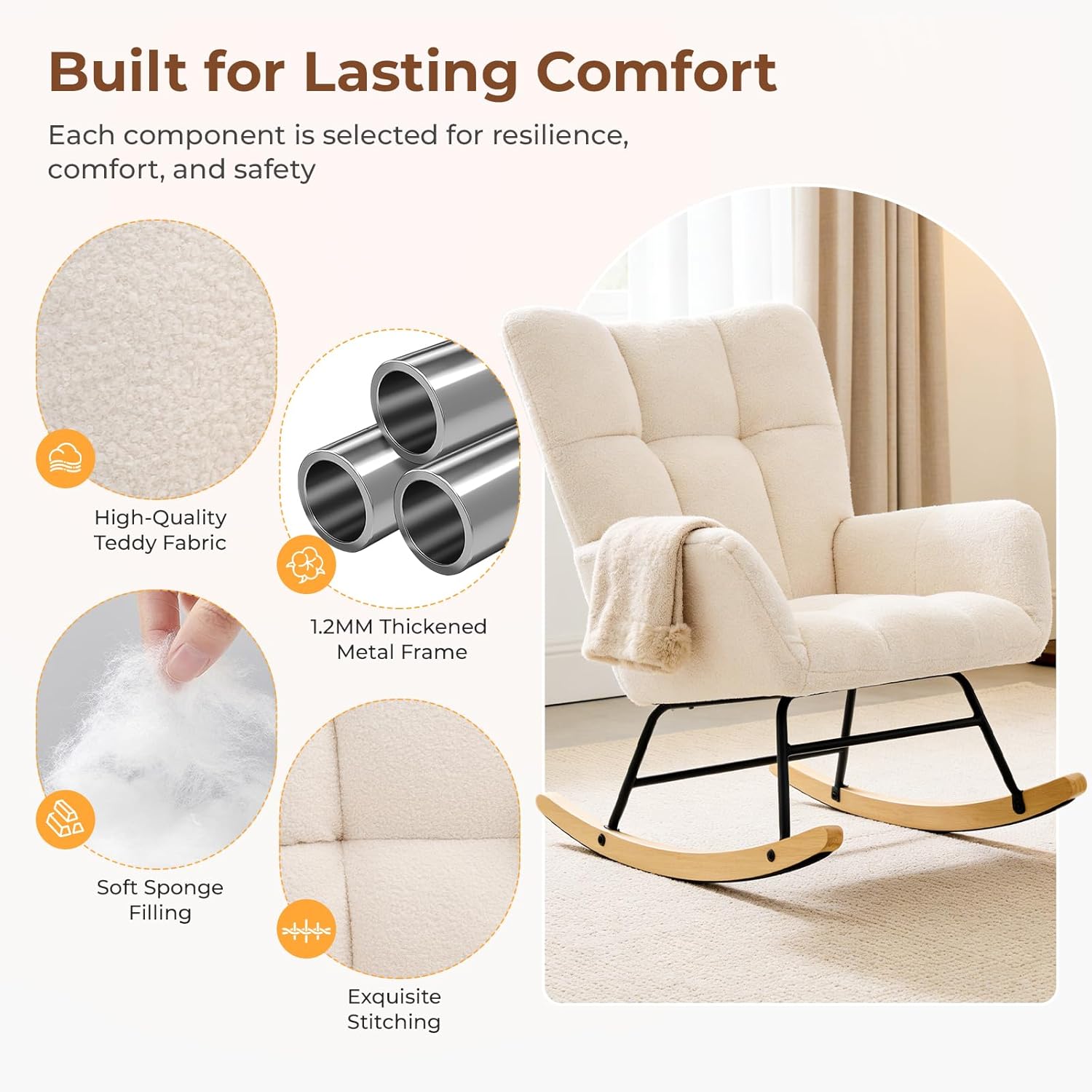 DUMOS Nursery Rocking Chair Teddy Upholstered, Comfy Glider Rocker with High Backrest Armchair Padded Seat, Accent Side Chair for Living Room Bedroom Offices Small Spaces Indoor, Beige