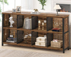LVB Rustic Horizontal Bookshelf, Industrial Bookcase Cube Storage Organizer, Wide Large Metal Wooden Office Cube Shelf, Farmhouse Low Long Book Shelf for Home Bedroom Living Room, Rustic Brown, 63 in