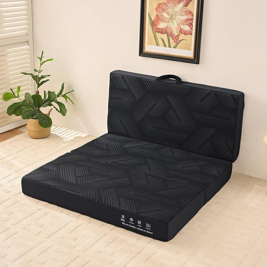 Trifold Mattress, 6 Inch Memory Foam Tri-Fold Mattress Queen Size, Foldable Sofa Bed with Washable Cover, Handles and Non-Slip Bottom for Yoga, Living Room, Camping, 78"x 58" x 6", Black