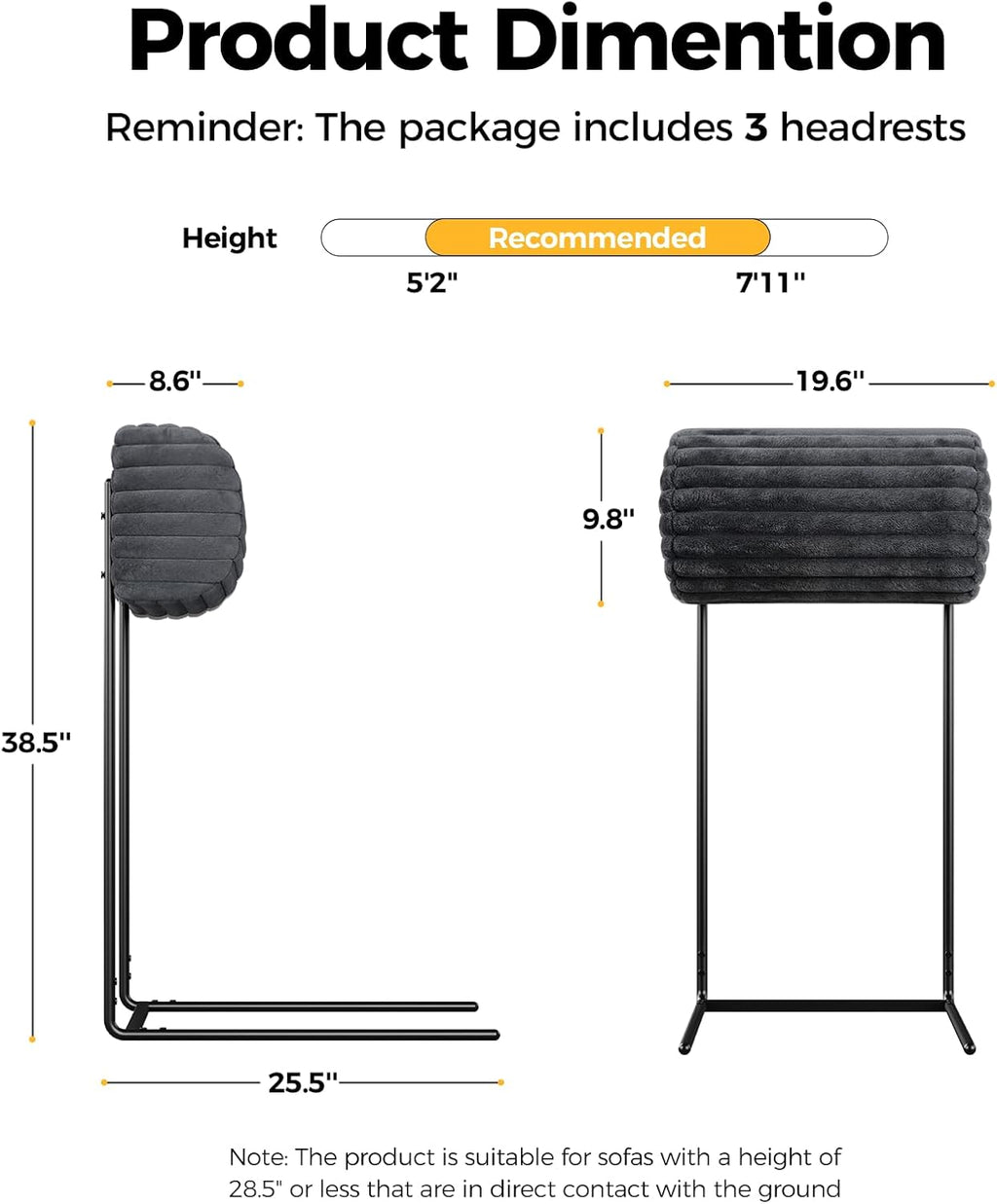 CAMMOO Couch Headrest Extender, Ergonomic Neck & Head Support for Legless Low Back Sofa, Sturdy Fixed-Height Metal Frame Sofa Backrest Extender, Fits Boneless Couch Under 28.5" (3 Pack, Grey)
