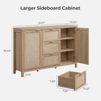 SICOTAS 52" Larger Sideboard Buffet Coffee Bar Cabinet with Storage - Farmhouse Rattan Credenza Storage Cabinet with 3 Drawers and 2 Doors, Boho Console Table for Living Room, Kitchen, Light Oak