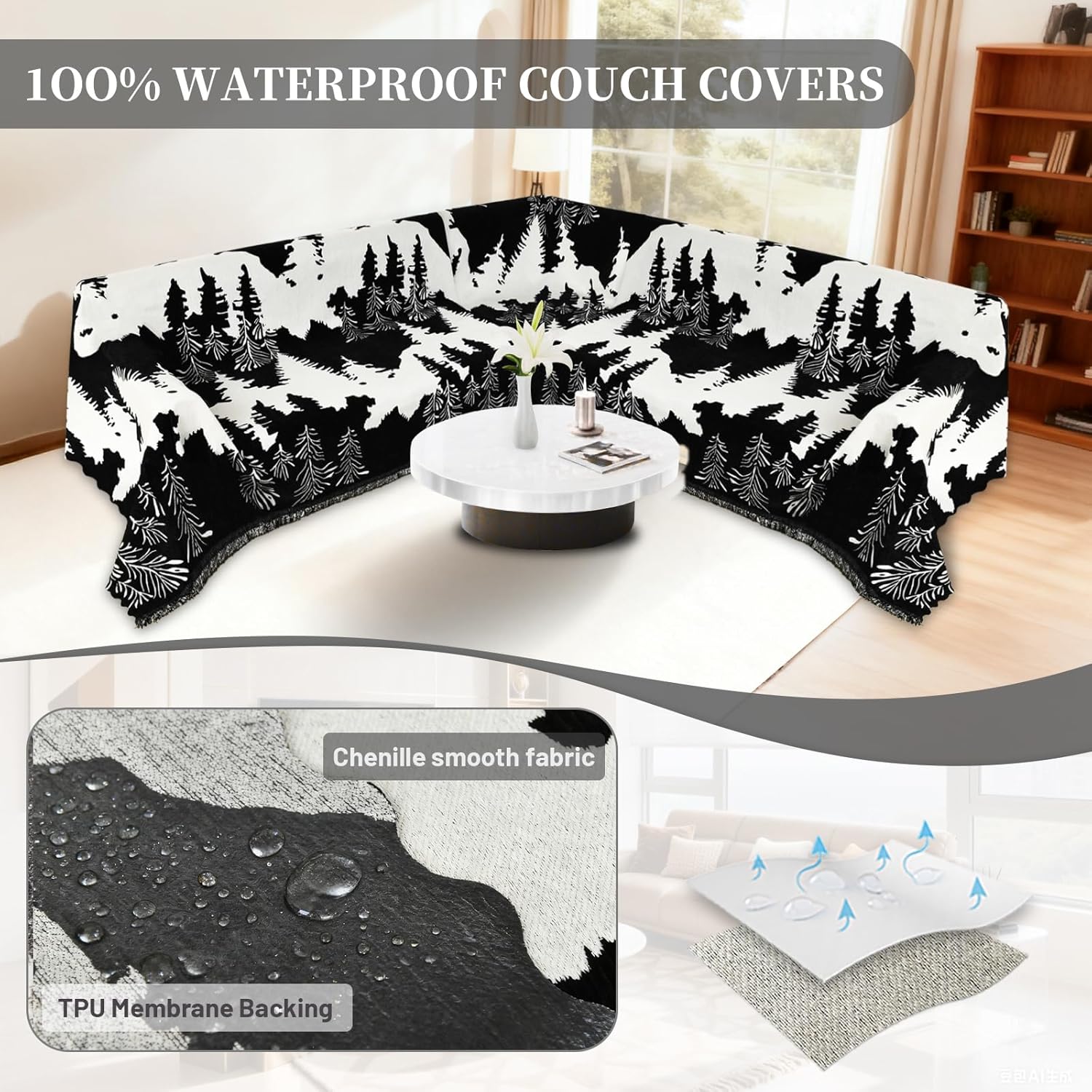 1OO% Waterproof Sectional Couch Covers for Dogs L Shaped Corner Sofa Cover Washable Chenille Sofa Slipcovers Blanket Modern Jacquard Pet Furniture Protector (91"x252", Black Forest)