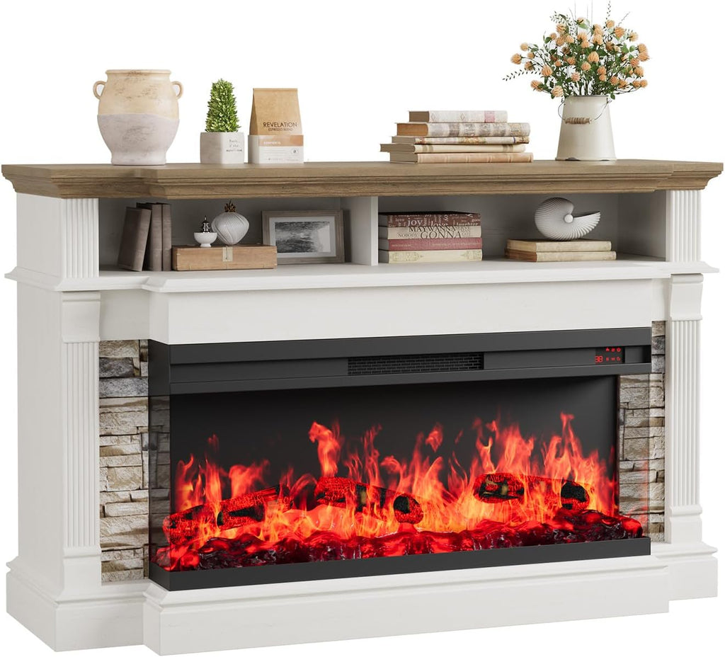 QUW Fireplace TV Stand for TVs up to 65", Farmhouse 52" Fireplace Entertainment Center with 36" 3-Side Glass Electric Fireplace, TV Console with Open Storage Shelves for Living Room, Antique White