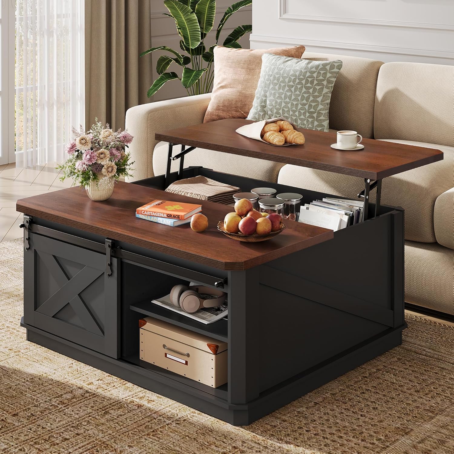 WLIVE Framhouse Coffee Table with Storage, 35.5" Lift Top Coffee Table for Living Room, Square Center Table, Rustic Cocktail Table with Sliding Barn Doors, Curevd Base, Black