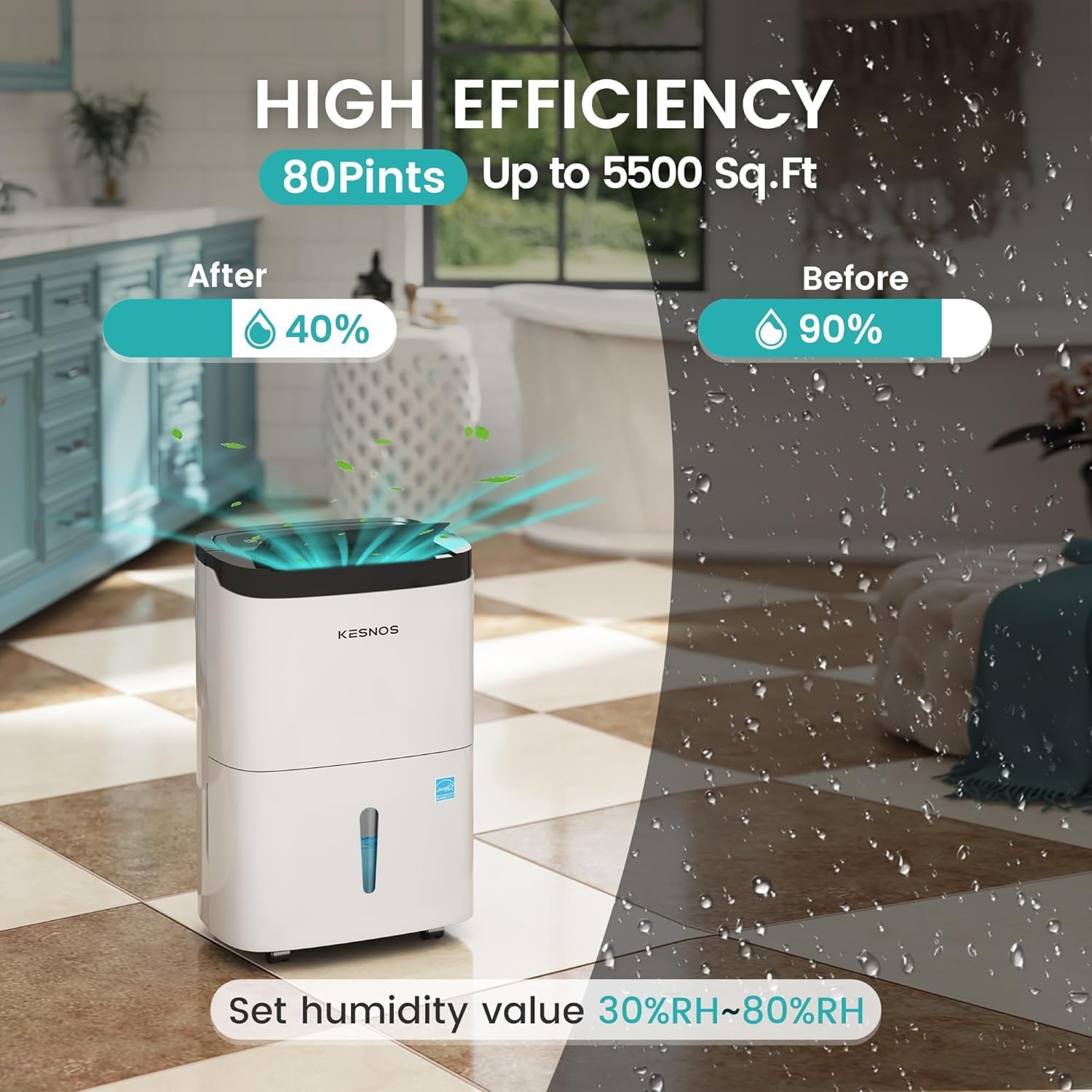 Kesnos 80 Pints Energy Star Dehumidifier for Home & Basement with Drain Hose, Ideal for Large Spaces up to 5,500 Sq. Ft., Featuring Auto Defrost & Self-Drying Function